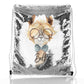 Personalisierter Pailletten-Rucksack mit Kordelzug, Alpaka-Fliege und Brille und süßem Text