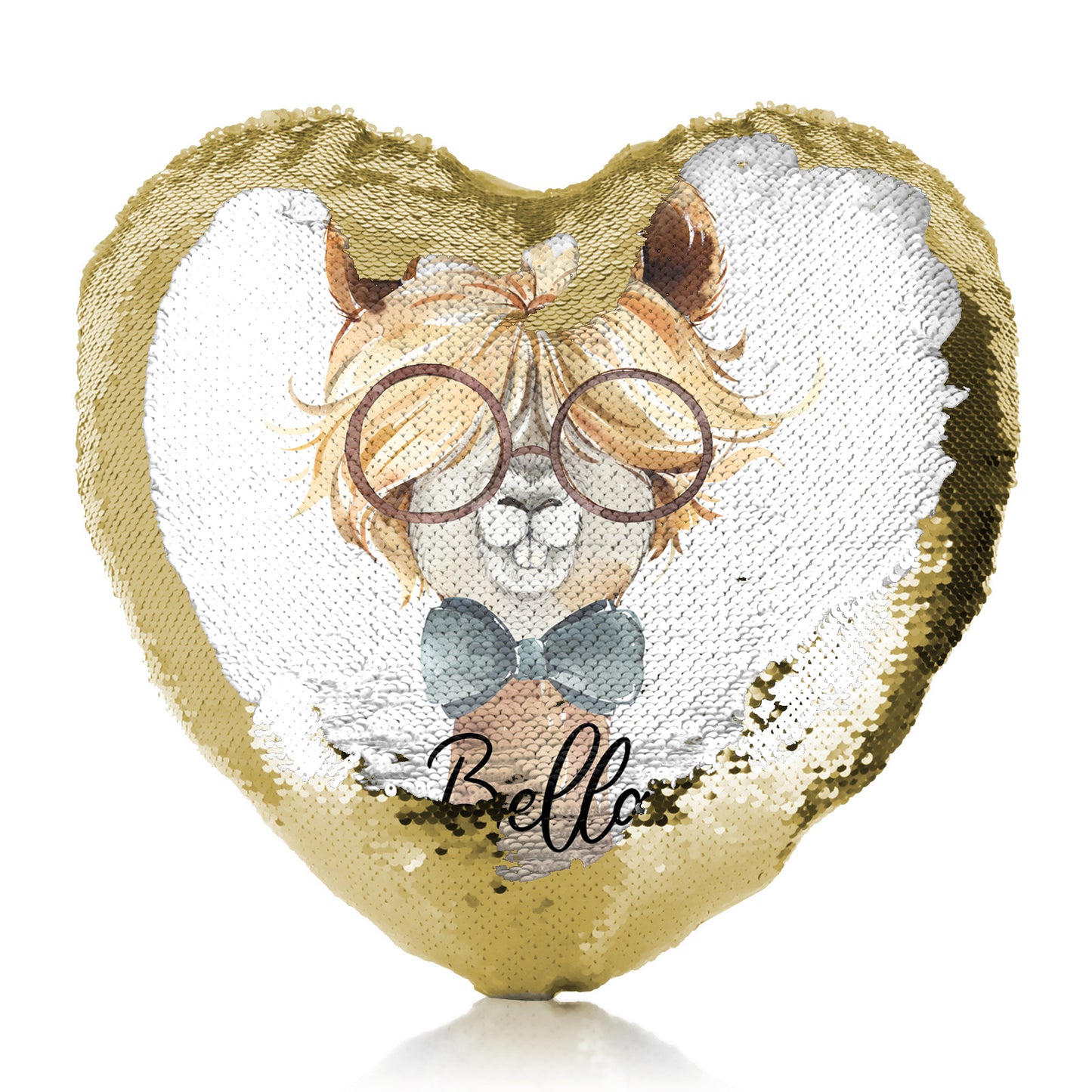 Personalised Sequin Heart Cushion with Alpaca Bow Tie and Glasses and Cute Text