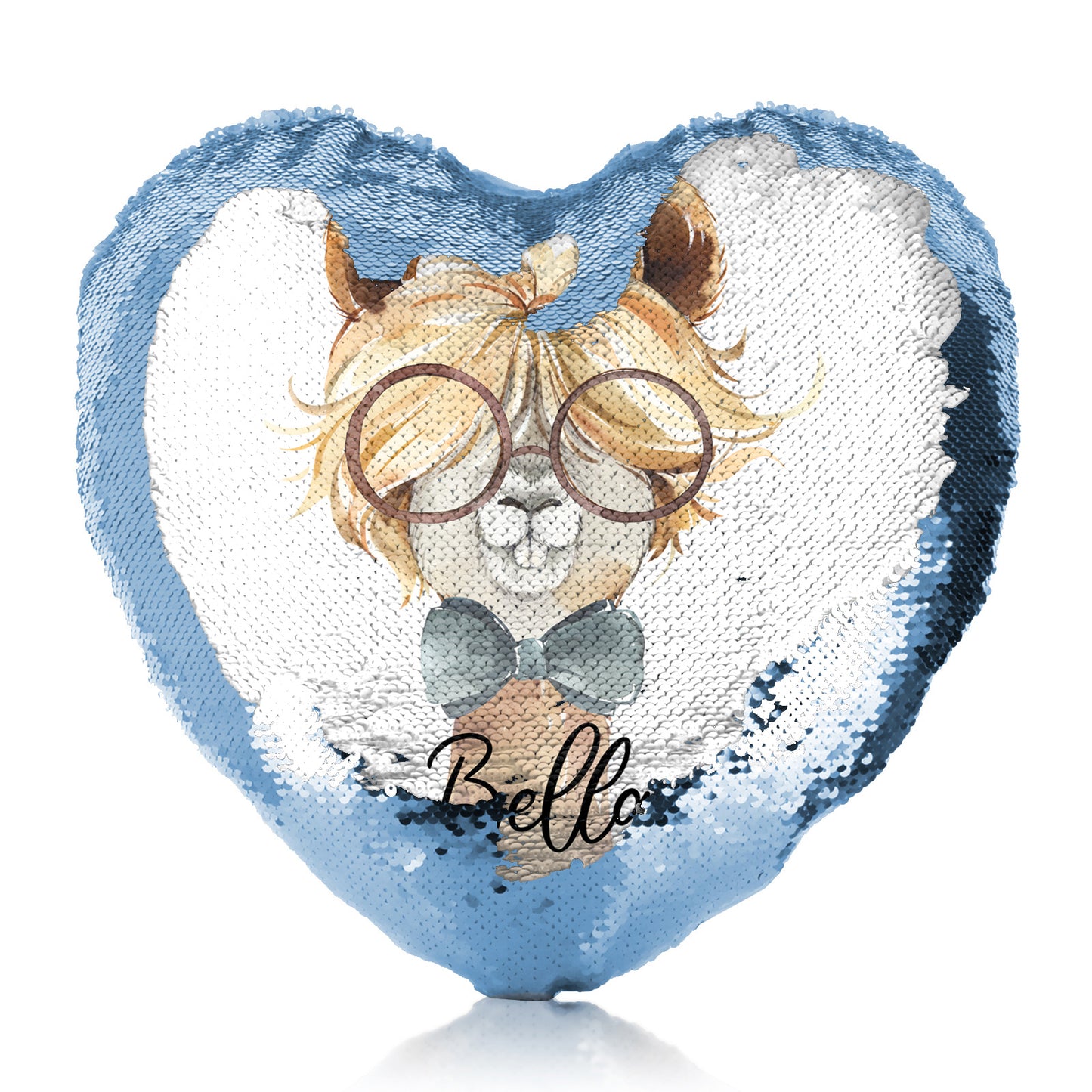 Personalisiertes Pailletten-Herzkissen mit Alpaka-Fliege und Brille und süßem Text