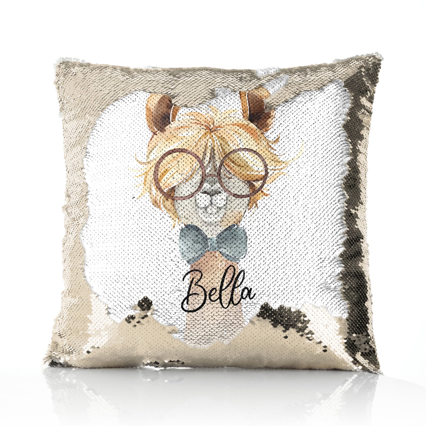 Personalised Sequin Cushion with Alpaca Bow Tie and Glasses and Cute Text