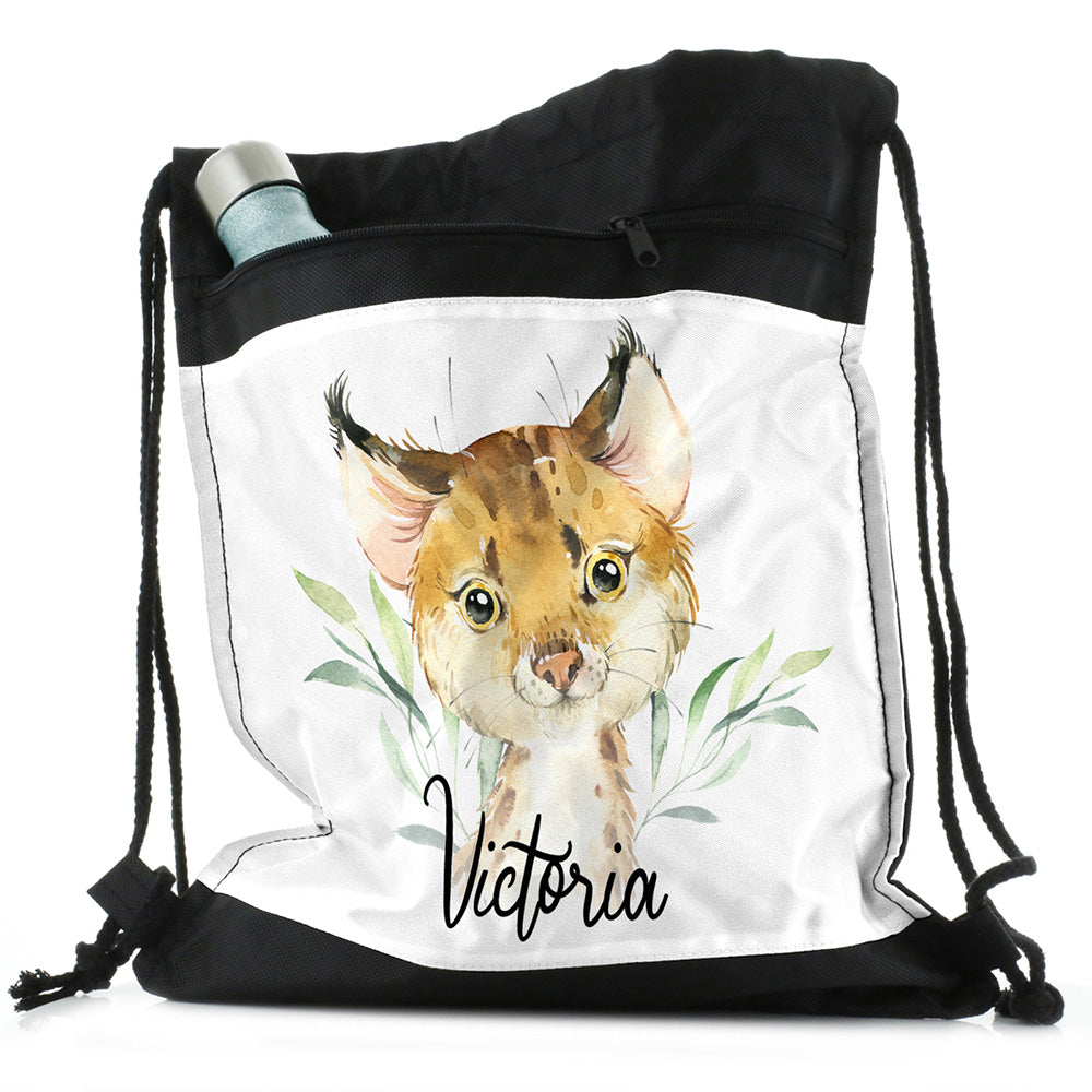 Personalised Spot Cat and Leaves and Name Black Drawstring Backpack