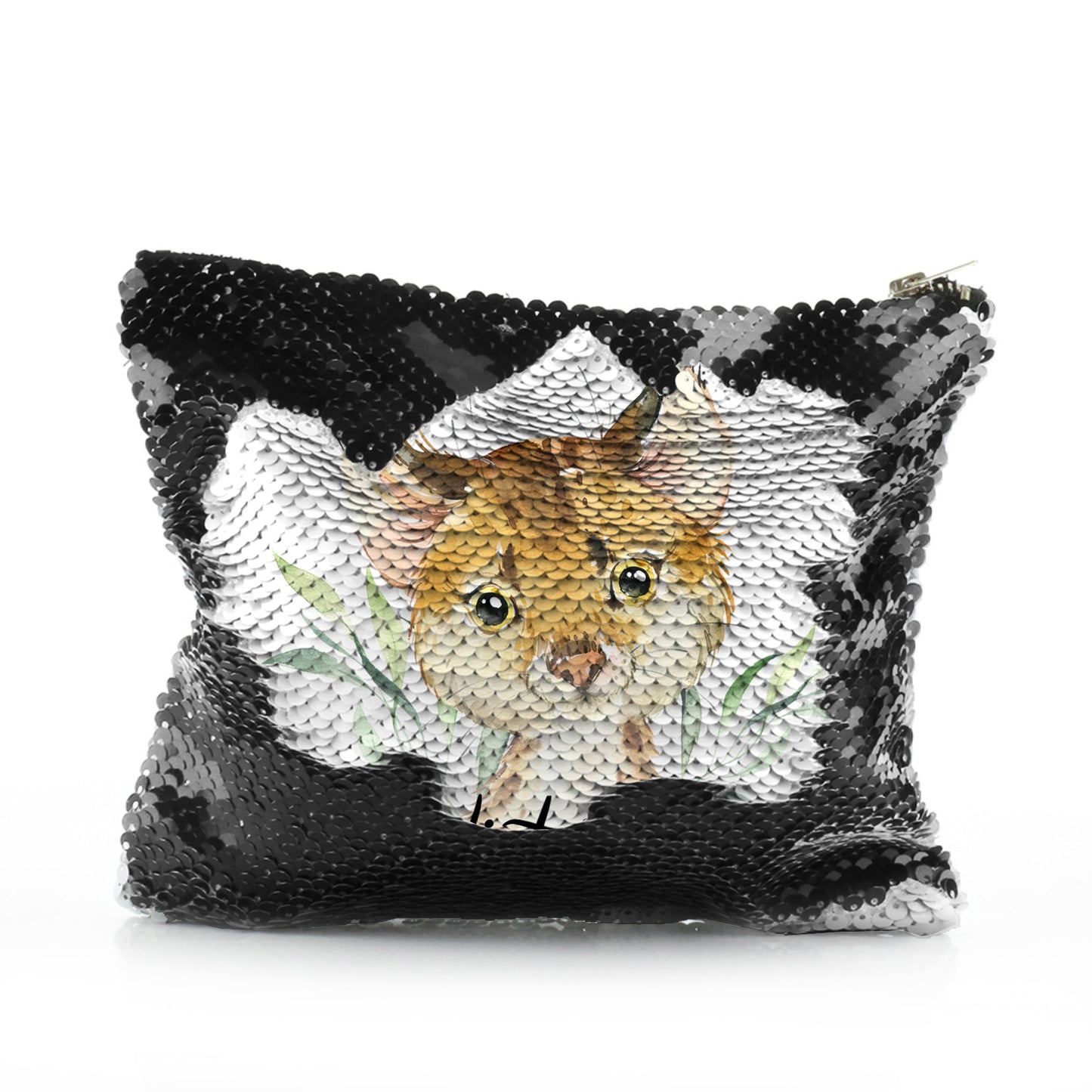 Personalisierte Pailletten-Reißverschlusstasche mit gepunkteter Katze und Blättern und süßem Text