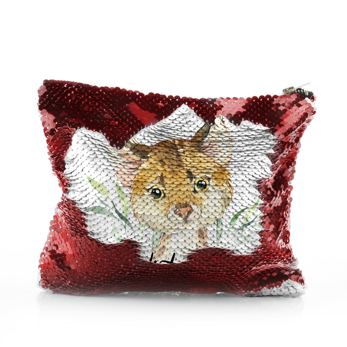 Personalised Sequin Zip Bag with Spot Cat and Leaves and Cute Text