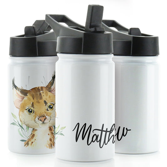 Personalisierte Spot-Katze und Blätter und Name, weiße Sportflasche