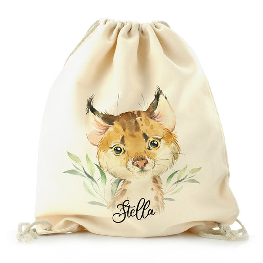 Personalised Canvas Drawstring Backpack with Spot Cat and Leaves and Cute Text