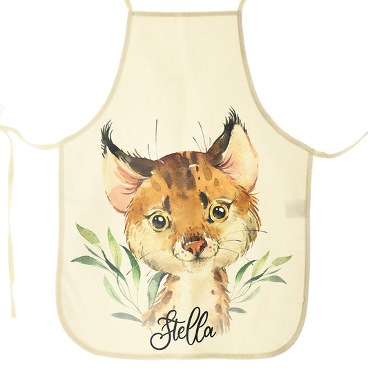 Personalisierte Canvas-Schürze mit gepunkteter Katze und Blättern sowie Namensdesign