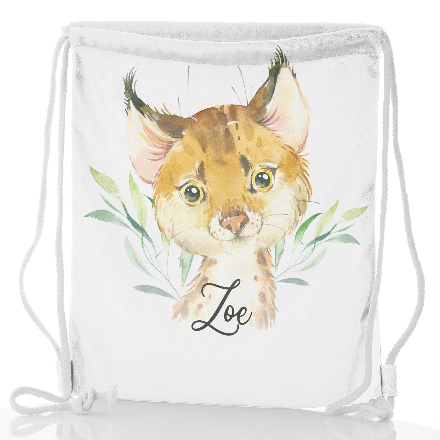 Personalised Glitter Drawstring Backpack with Spot Cat and Leaves and Cute Text