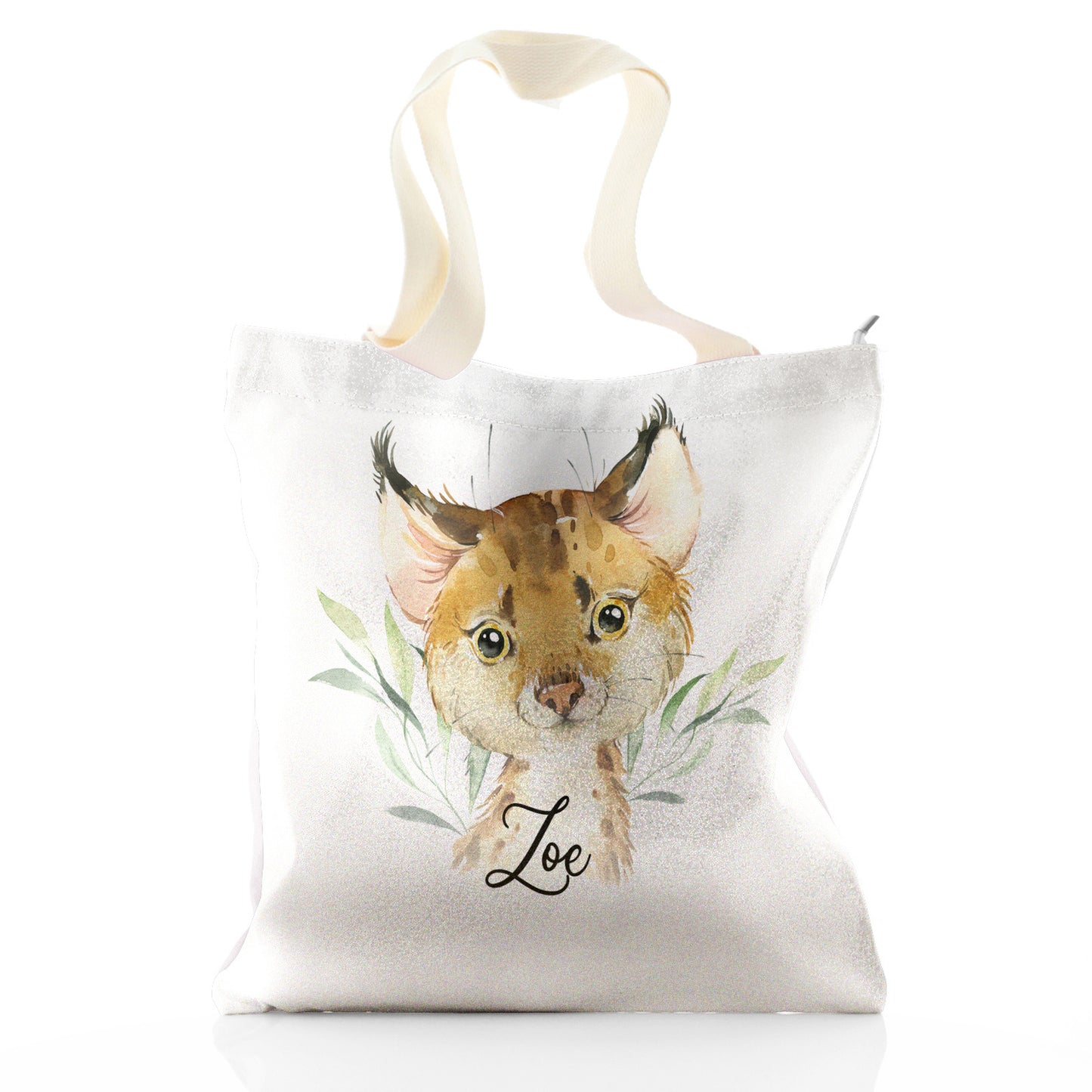 Personalised Glitter Tote Bag with Spot Cat and Leaves and Cute Text