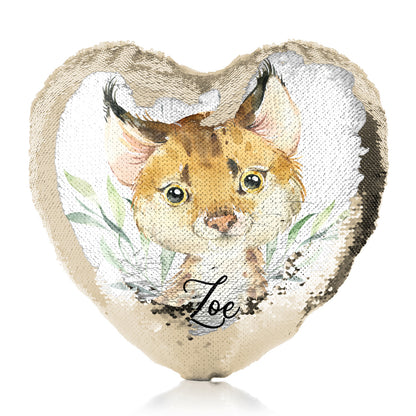 Personalisiertes Pailletten-Herzkissen mit gepunkteter Katze und Blättern und süßem Text