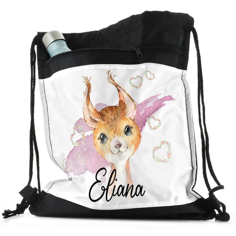 Personalised Red squirrel Hearts and Name Black Drawstring Backpack