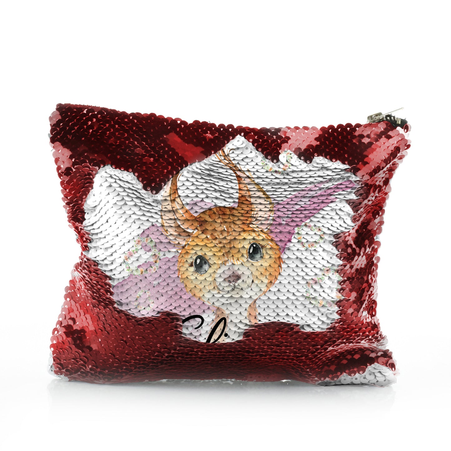 Personalised Sequin Zip Bag with Red squirrel Heart Wreaths and Cute Text