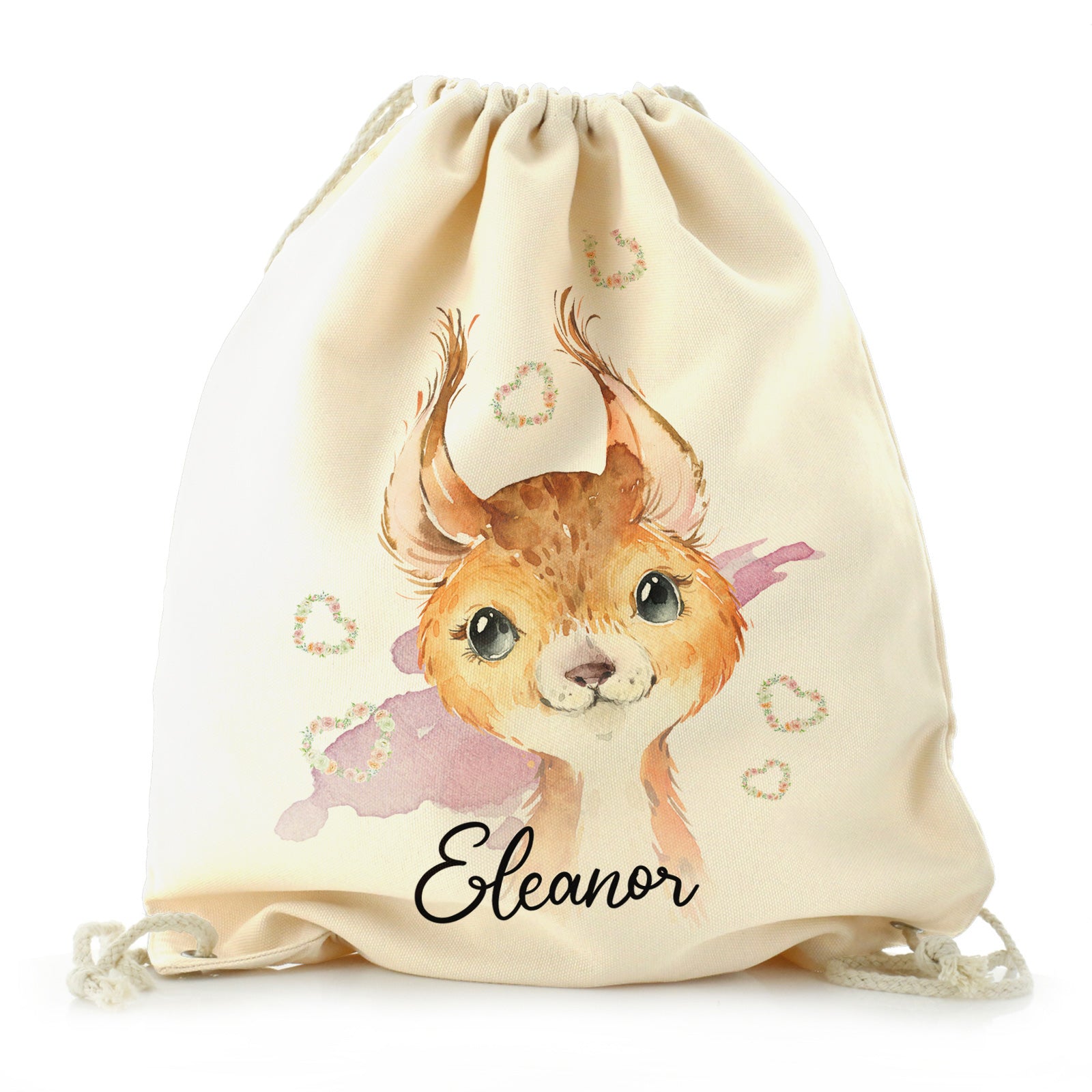 Personalised Canvas Drawstring Backpack with Red squirrel Heart Wreaths and Cute Text