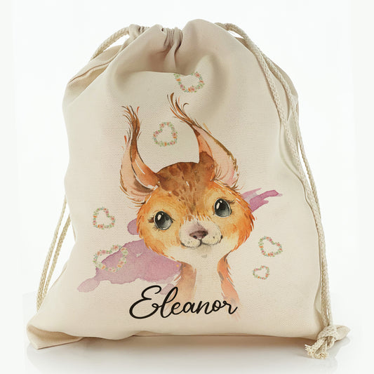 Personalised Canvas Sack with Red squirrel Heart Wreaths and Cute Text