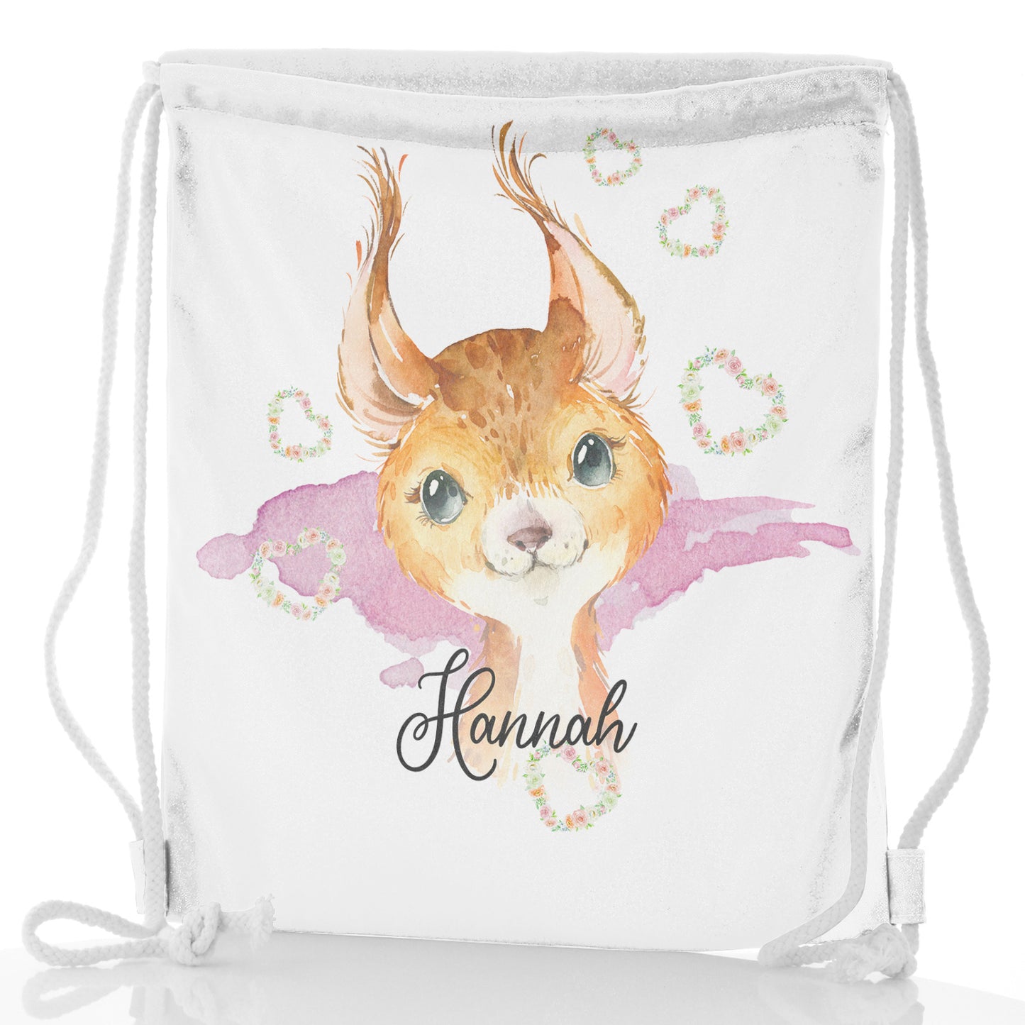 Personalised Glitter Drawstring Backpack with Red squirrel Heart Wreaths and Cute Text