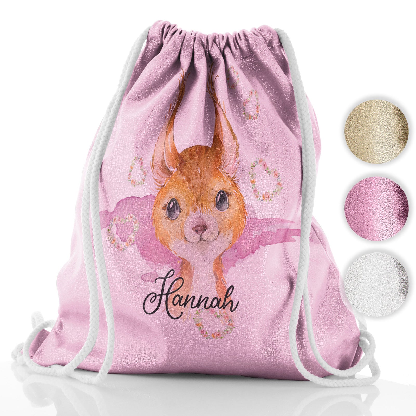 Personalised Glitter Drawstring Backpack with Red squirrel Heart Wreaths and Cute Text