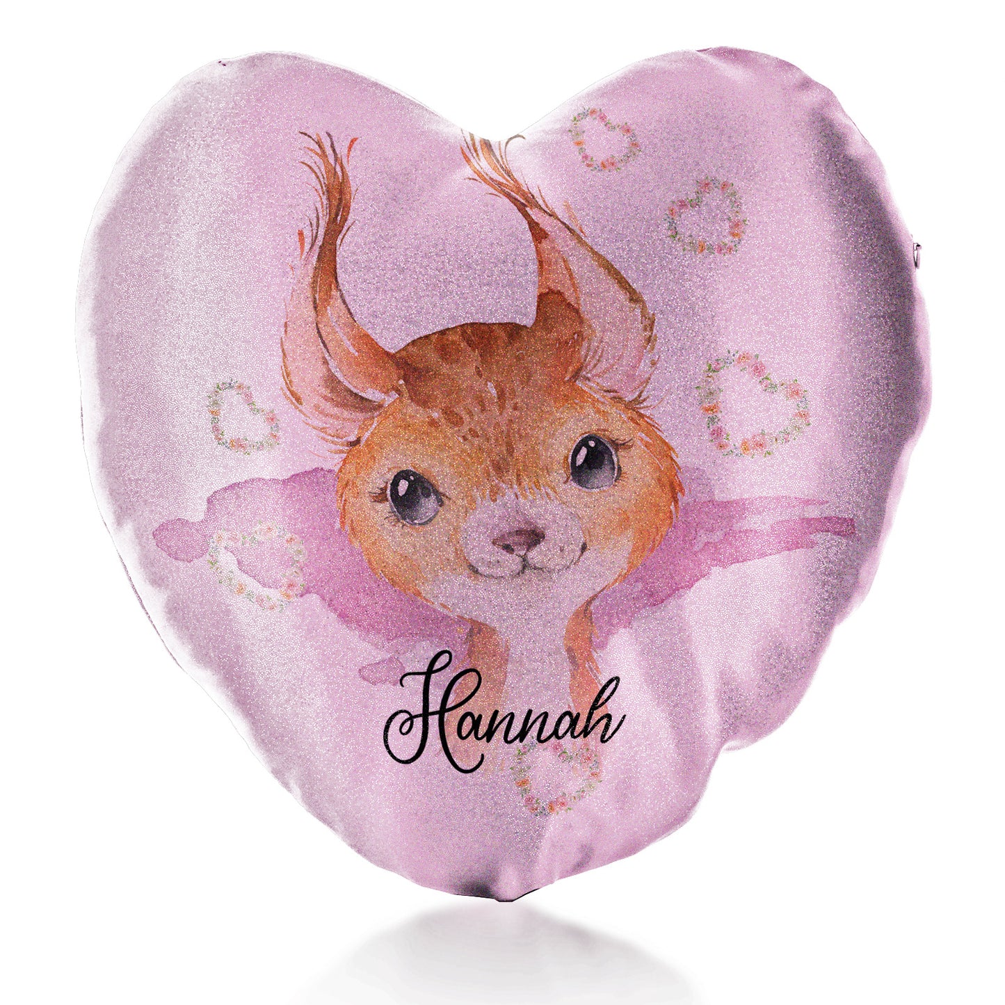 Personalisiertes Glitzer-Herzkissen mit roten Eichhörnchen-Herzkränzen und süßem Text