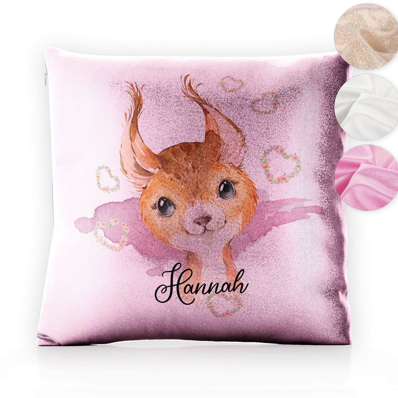 Personalised Glitter Cushion with Red squirrel Heart Wreaths and Cute Text