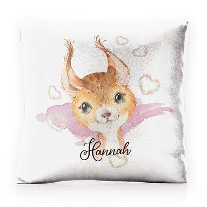 Personalised Glitter Cushion with Red squirrel Heart Wreaths and Cute Text