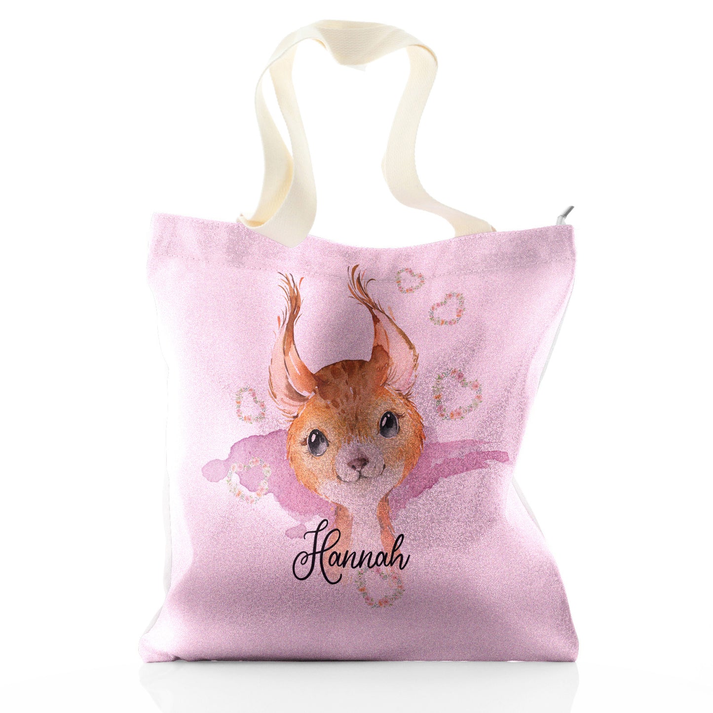 Personalisierte Glitzer-Einkaufstasche mit roten Eichhörnchen-Herzkränzen und niedlichem Text