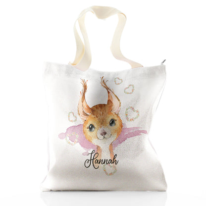 Personalisierte Glitzer-Einkaufstasche mit roten Eichhörnchen-Herzkränzen und niedlichem Text