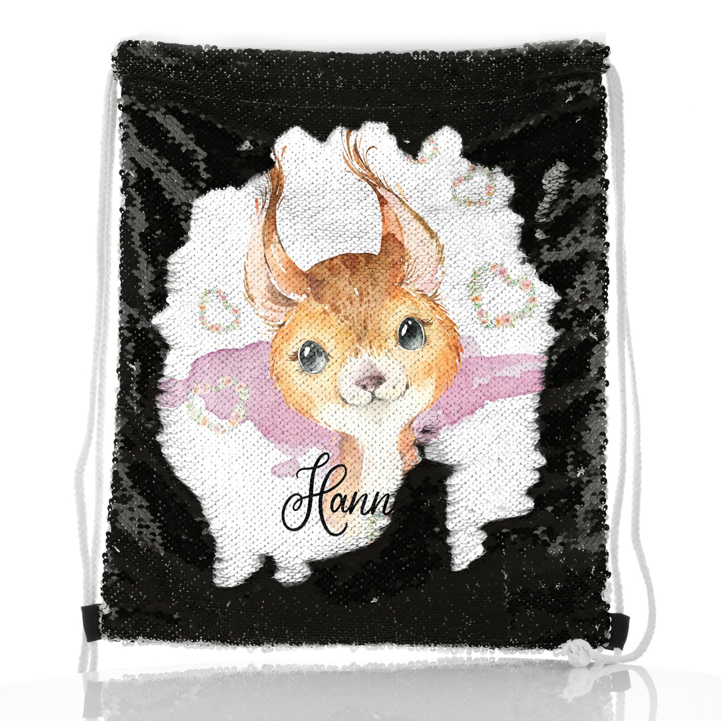 Personalised Sequin Drawstring Backpack with Red squirrel Heart Wreaths and Cute Text