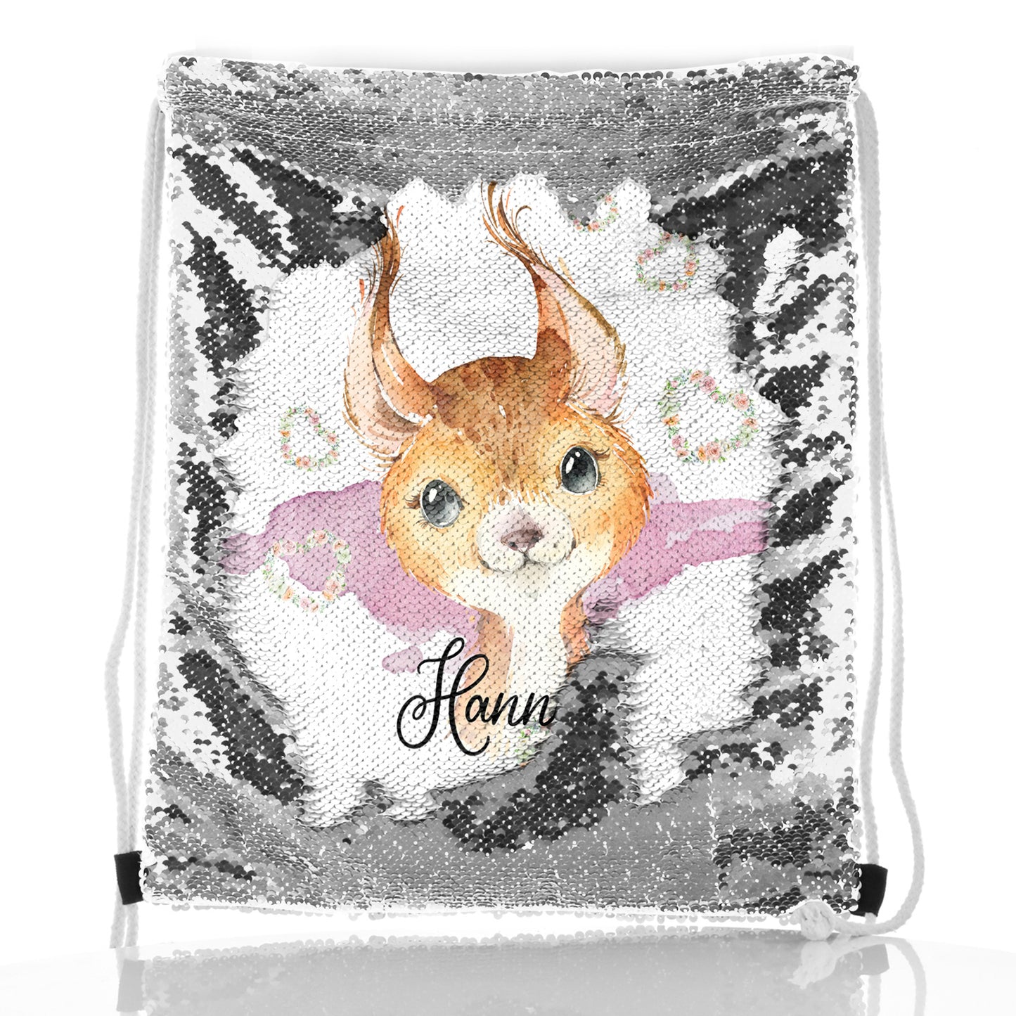 Personalised Sequin Drawstring Backpack with Red squirrel Heart Wreaths and Cute Text