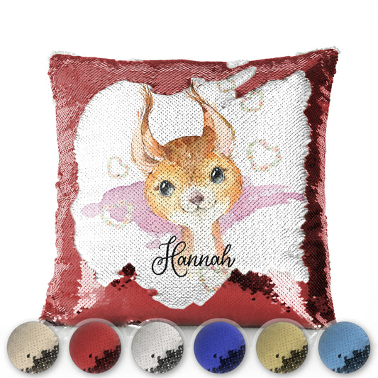 Personalised Sequin Cushion with Red squirrel Heart Wreaths and Cute Text