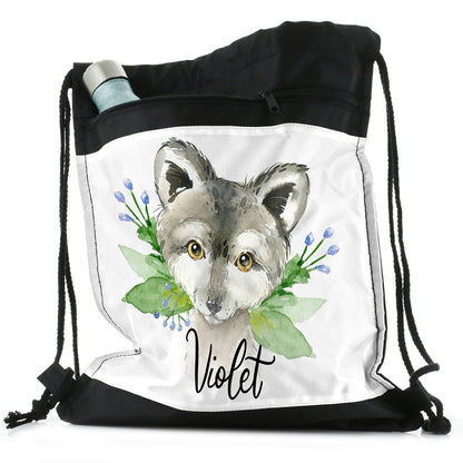 Personalised Wolf Blue Flowers and Name Black Drawstring Backpack