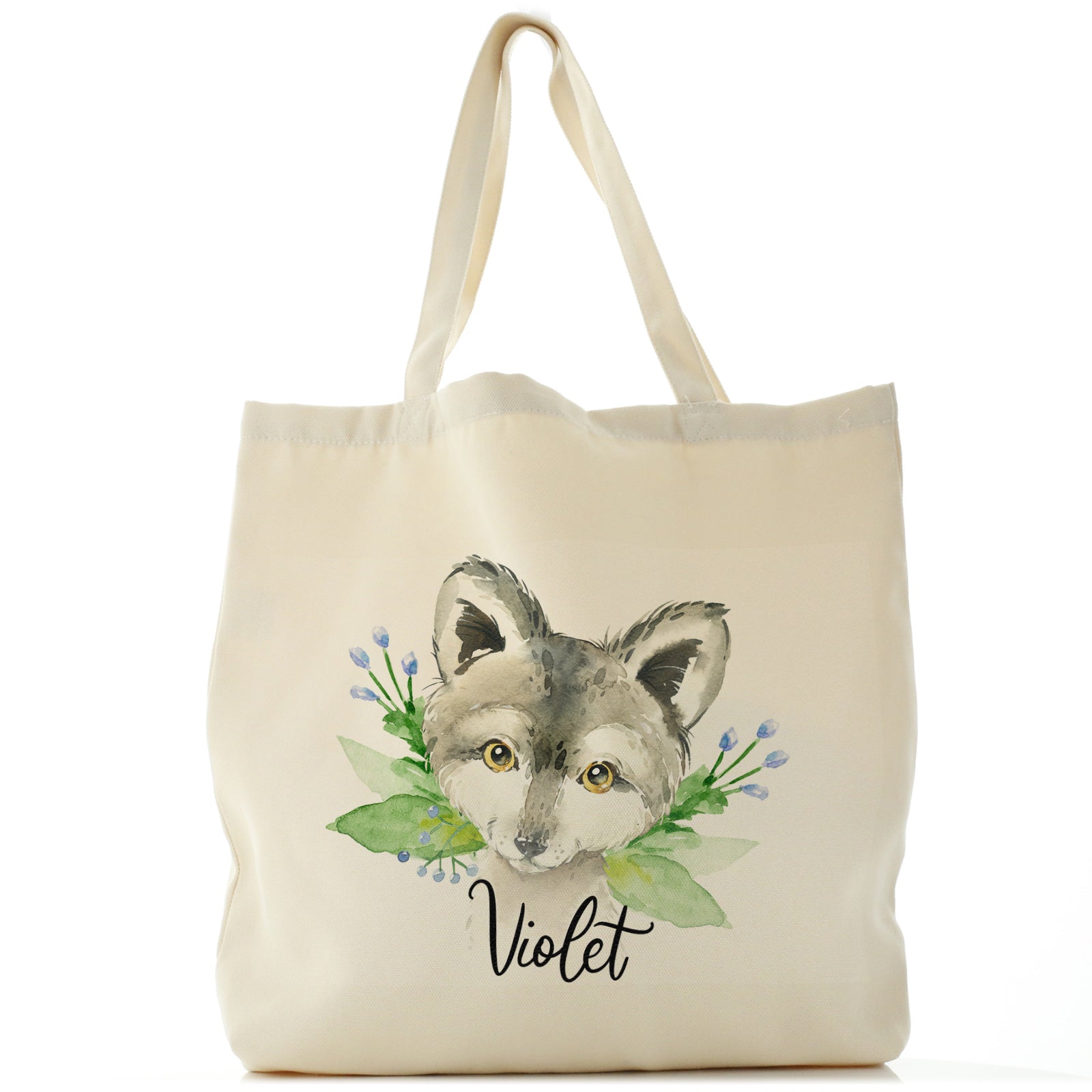 Personalised Canvas Tote Bag with Grey Wolf Blue Flowers and Cute Text
