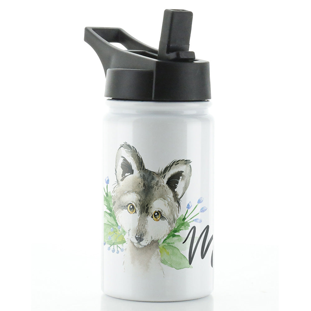 Personalisierte Wolf Blue Flowers und Name White Sports Flask
