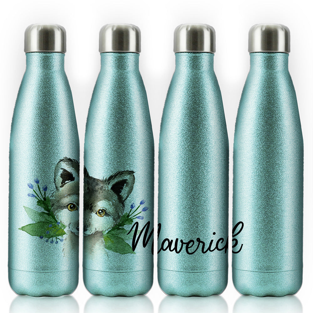 Personalised Wolf Blue Flowers and Name Cola Bottle