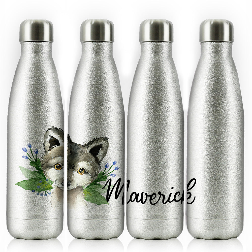Personalised Wolf Blue Flowers and Name Cola Bottle