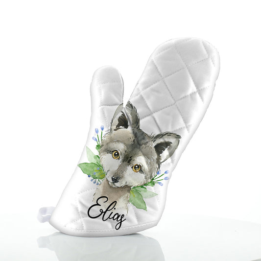 Personalised Wolf Blue Flowers and Name Oven Glove