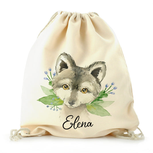 Personalised Canvas Drawstring Backpack with Grey Wolf Blue Flowers and Cute Text