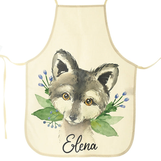 Personalised Canvas Apron with Wolf Blue Flowers and Name Design