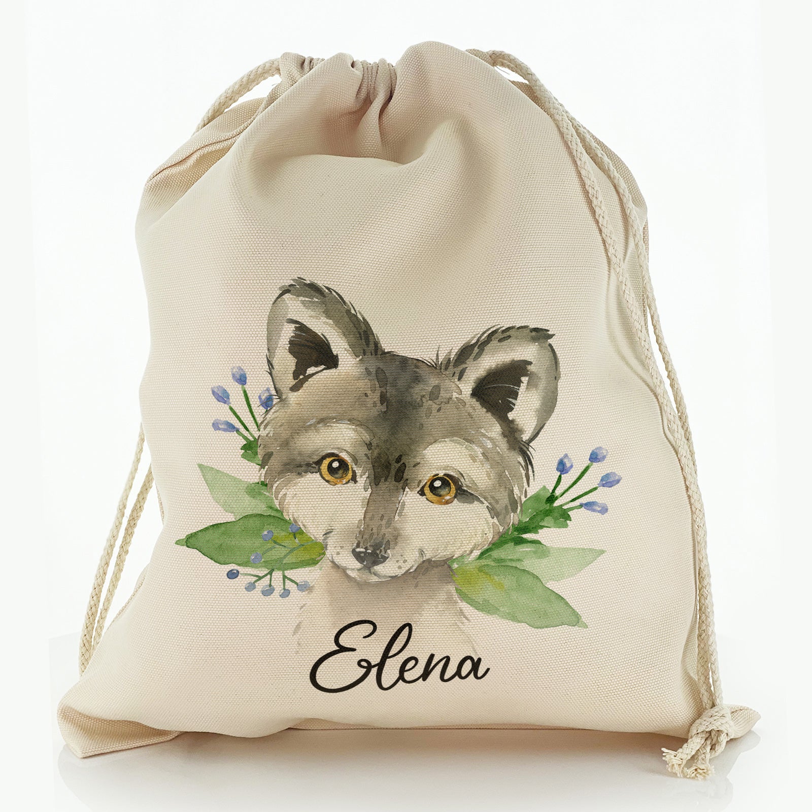 Personalised Canvas Sack with Grey Wolf Blue Flowers and Cute Text