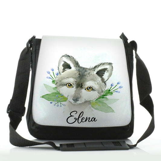 Personalised Shoulder Bag with Grey Wolf Blue Flowers and Cute Text