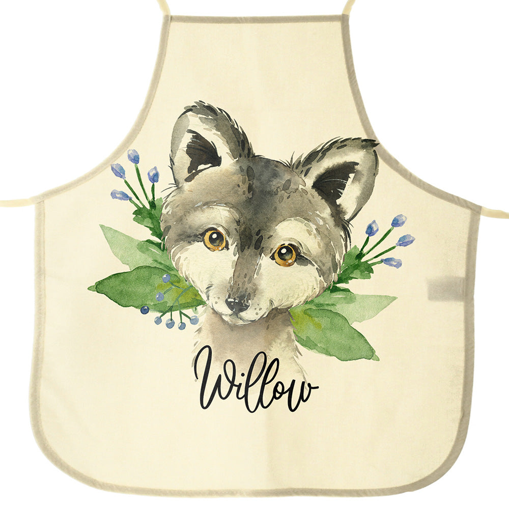 Personalised Canvas Apron with Wolf Blue Flowers and Name Design
