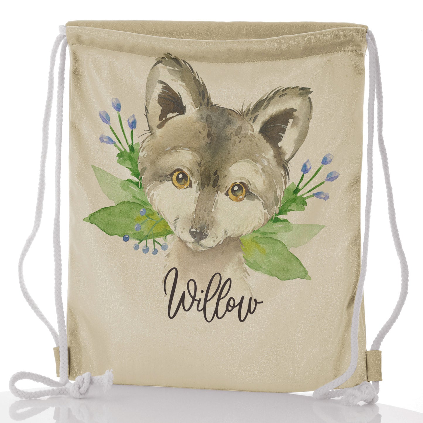 Personalised Glitter Drawstring Backpack with Grey Wolf Blue Flowers and Cute Text