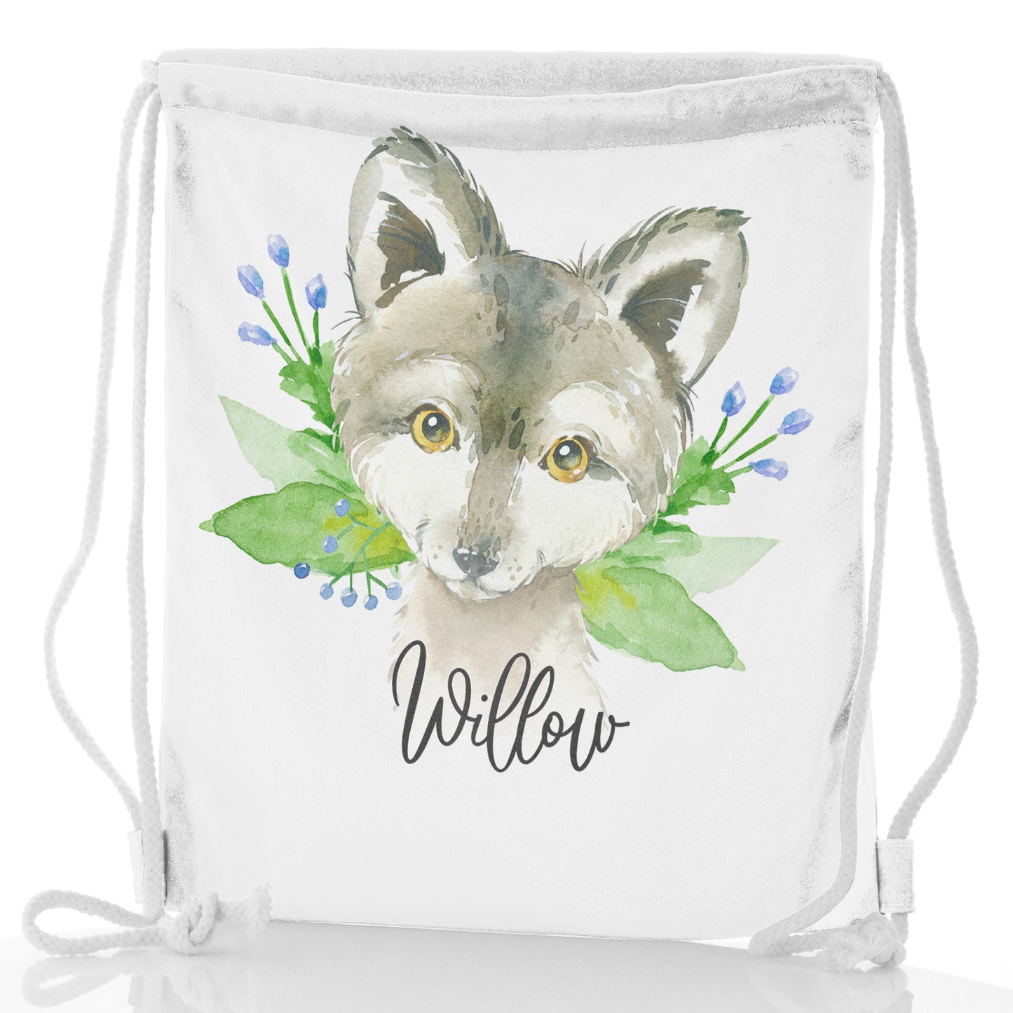 Personalised Glitter Drawstring Backpack with Grey Wolf Blue Flowers and Cute Text