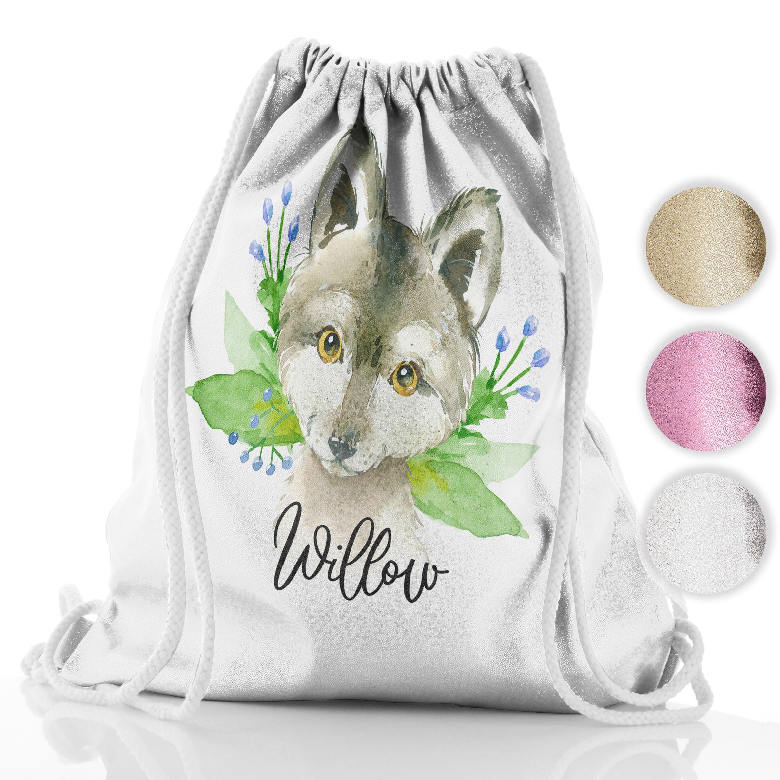 Personalised Glitter Drawstring Backpack with Grey Wolf Blue Flowers and Cute Text