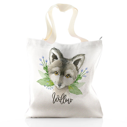 Personalisierte Glitzer-Einkaufstasche mit grauen, wolfsblauen Blumen und niedlichem Text