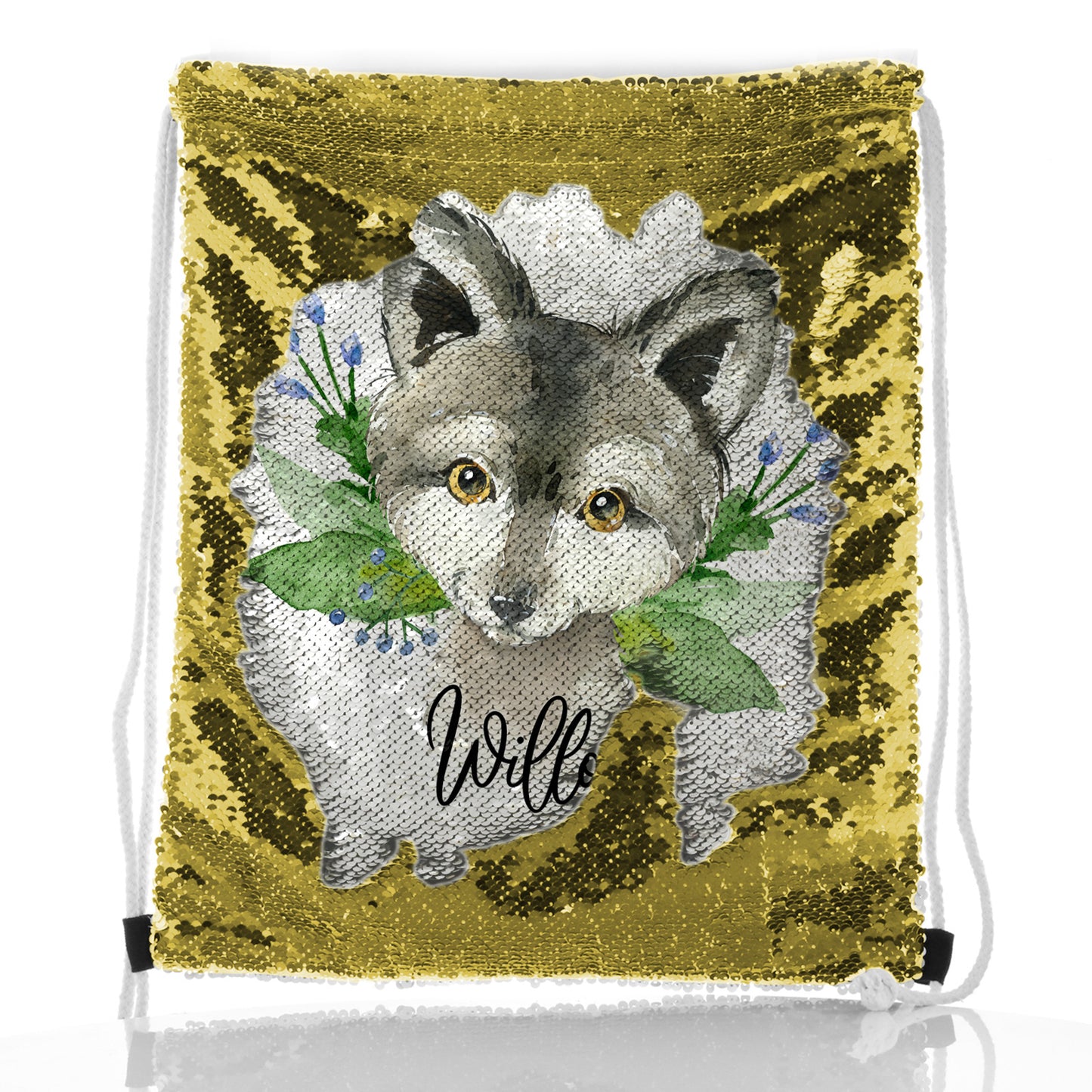 Personalised Sequin Drawstring Backpack with Grey Wolf Blue Flowers and Cute Text