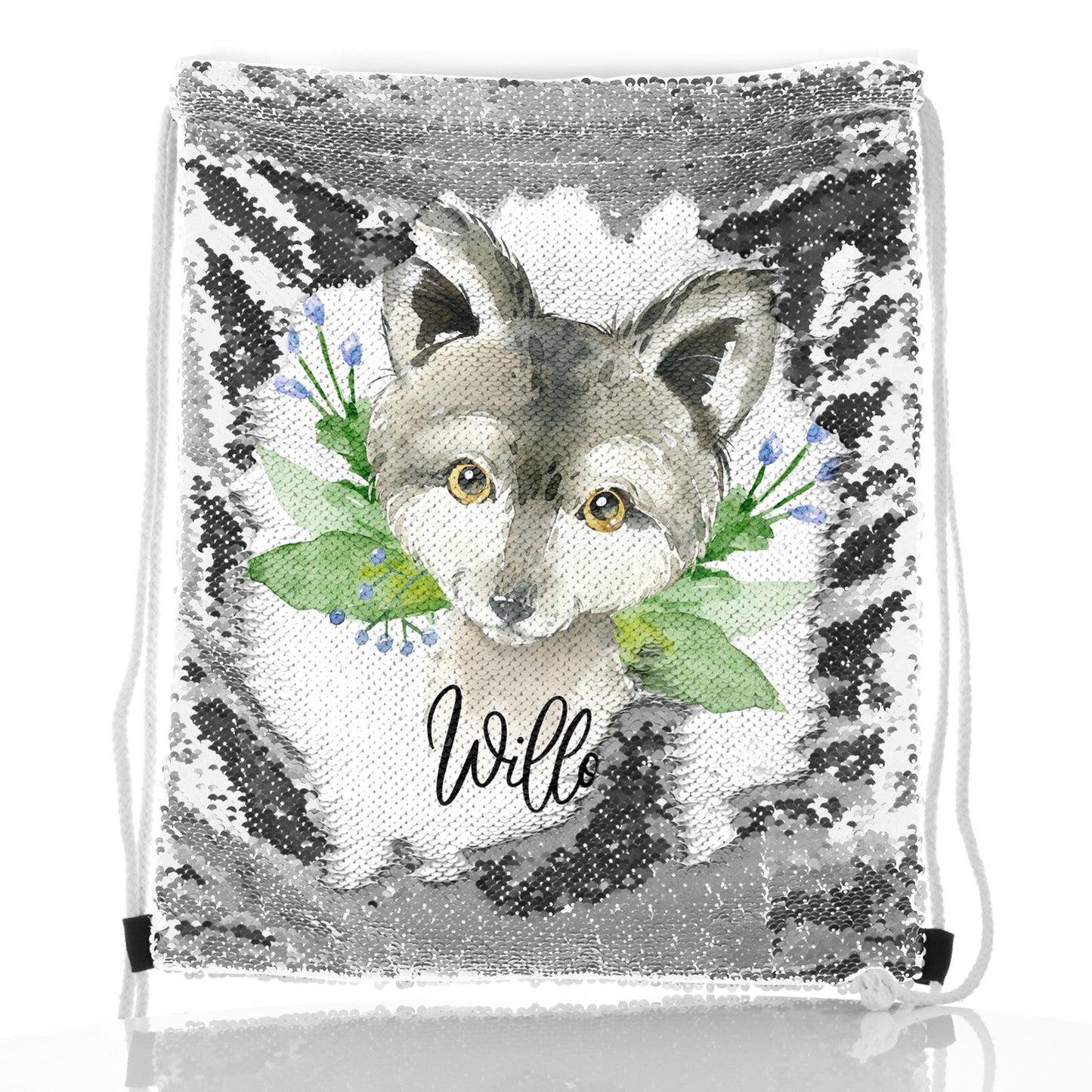 Personalised Sequin Drawstring Backpack with Grey Wolf Blue Flowers and Cute Text