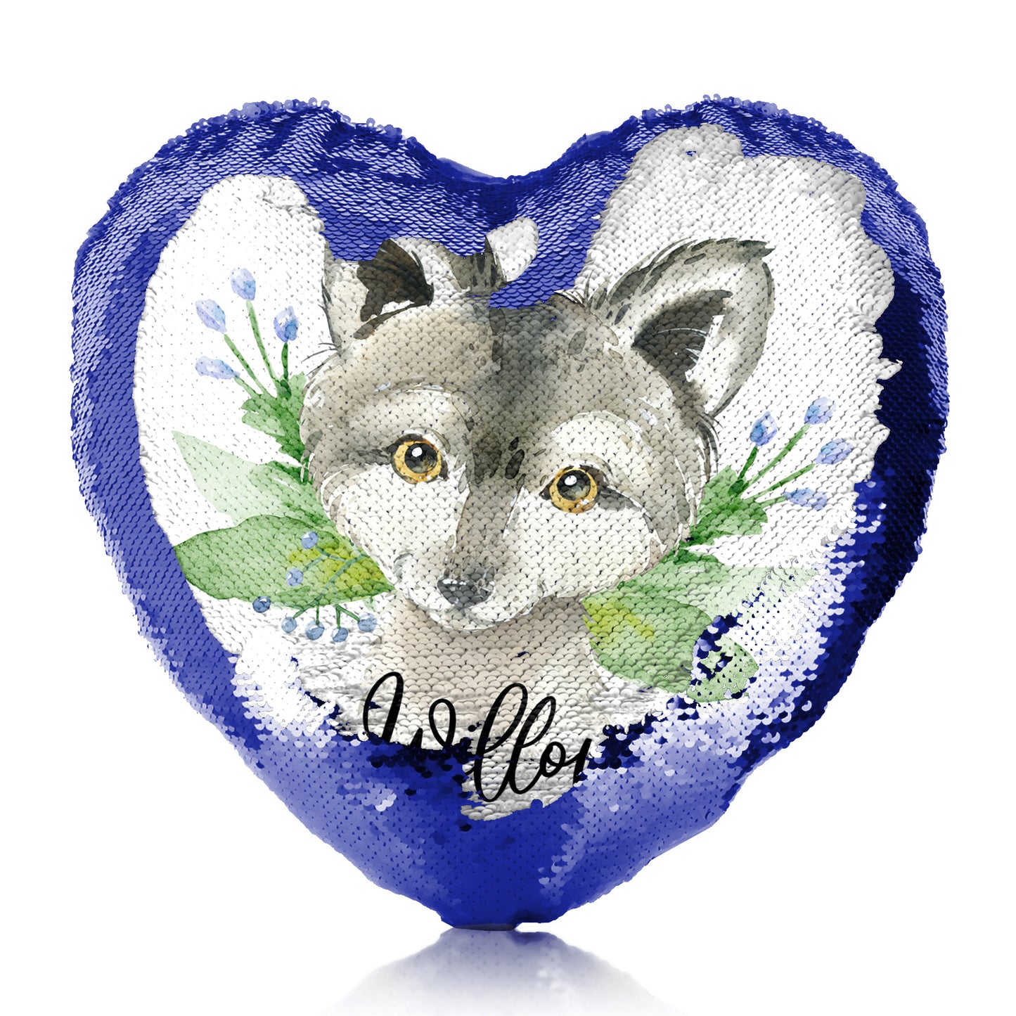 Personalised Sequin Heart Cushion with Grey Wolf Blue Flowers and Cute Text