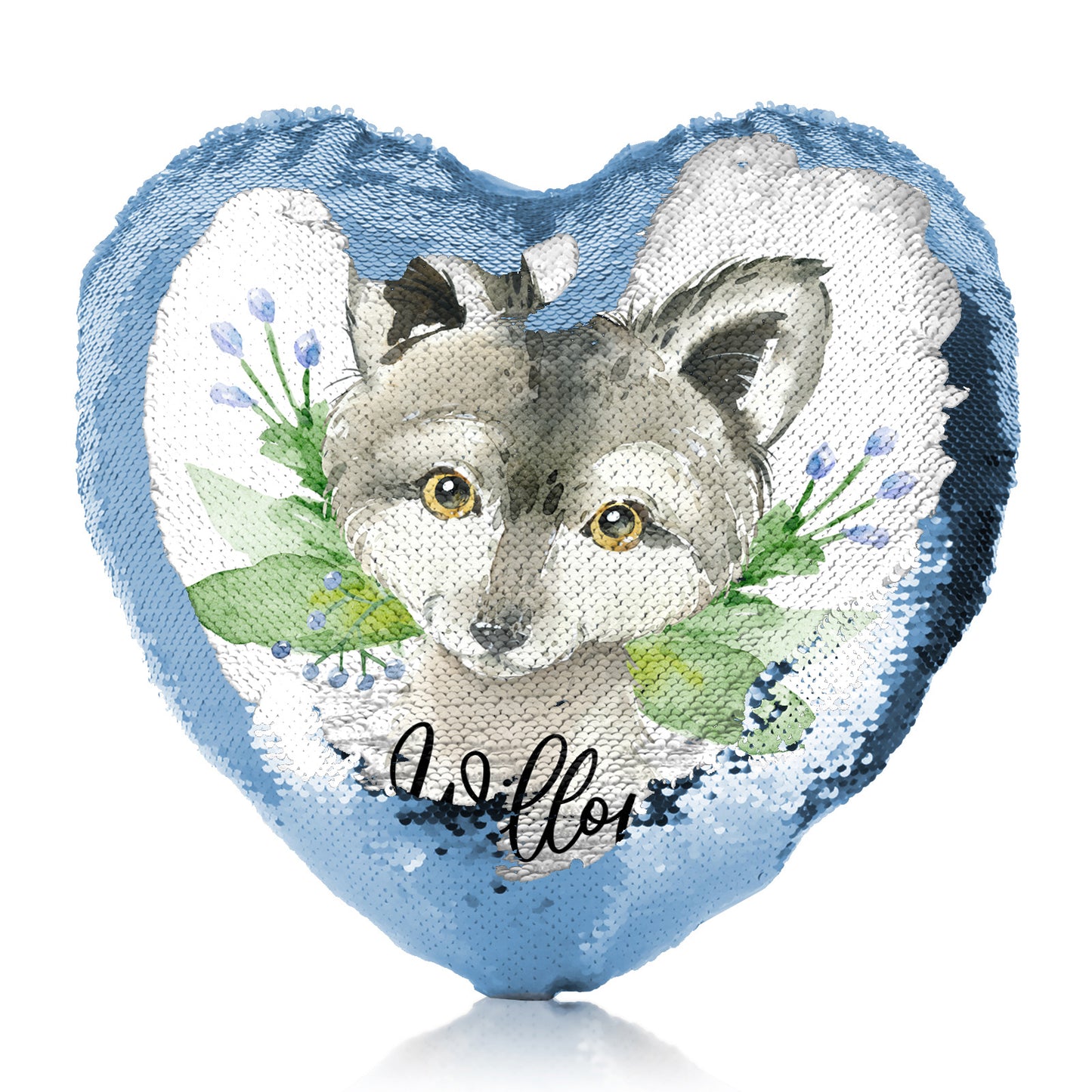 Personalised Sequin Heart Cushion with Grey Wolf Blue Flowers and Cute Text