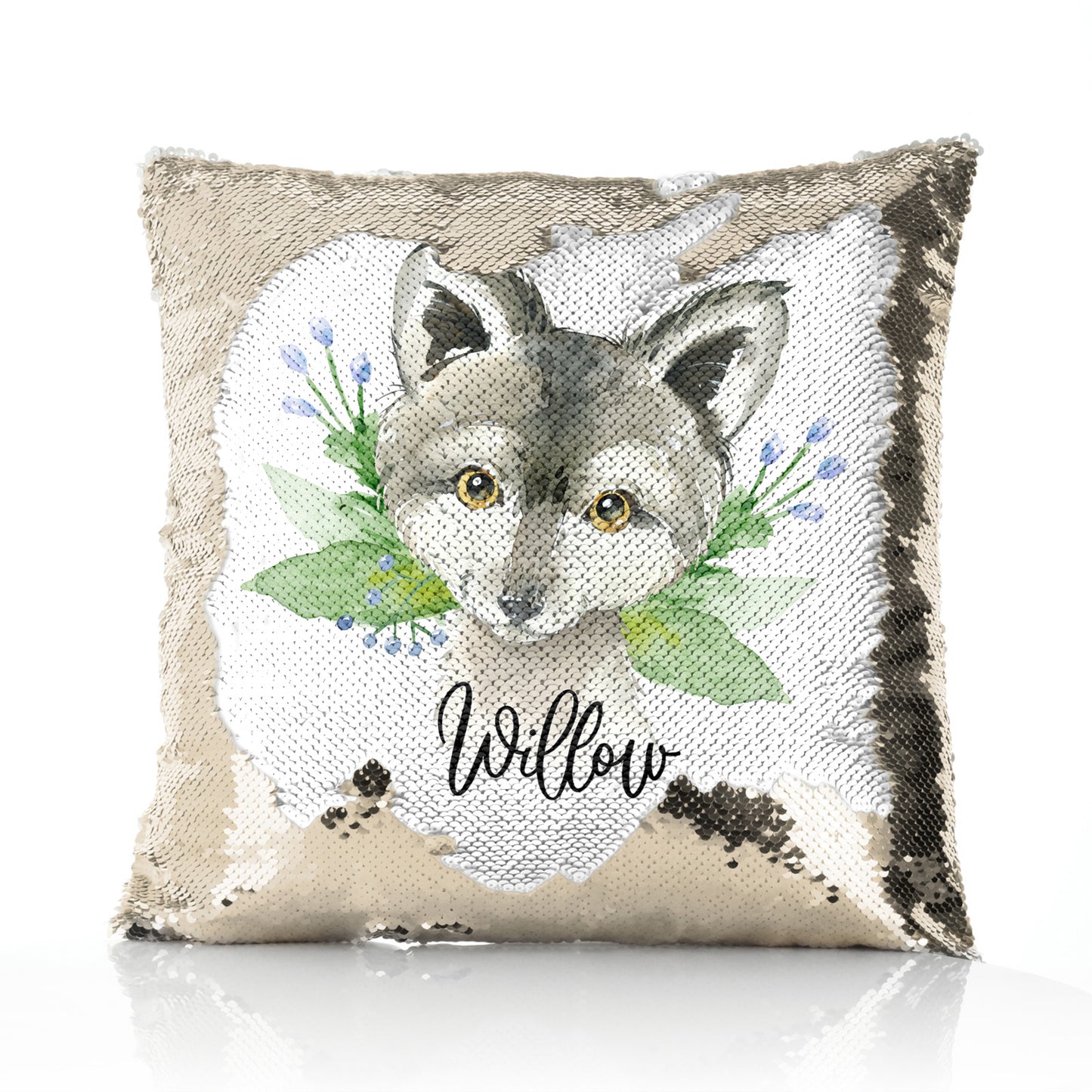 Personalised Sequin Cushion with Grey Wolf Blue Flowers and Cute Text