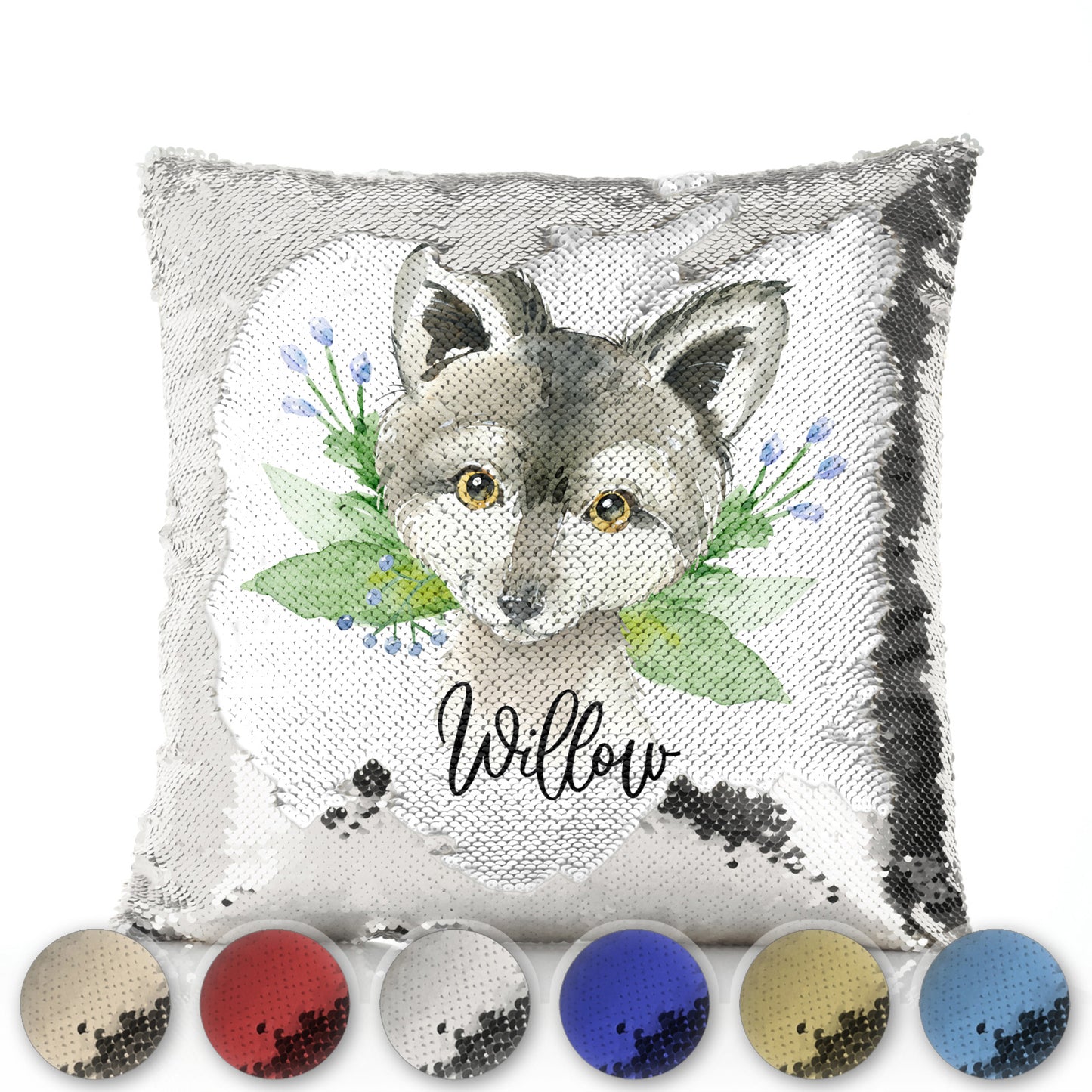 Personalised Sequin Cushion with Grey Wolf Blue Flowers and Cute Text