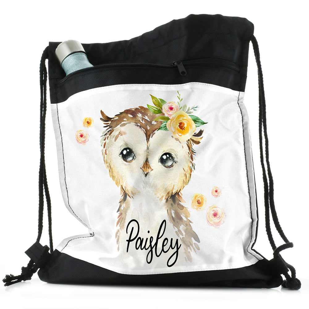 Personalised Owl Yellow Flowers and Name Black Drawstring Backpack
