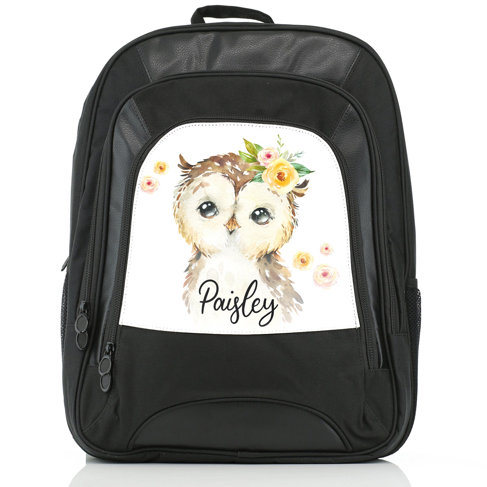 Personalised Large Multifunction Backpack with Brown Owl Yellow Flowers and Cute Text